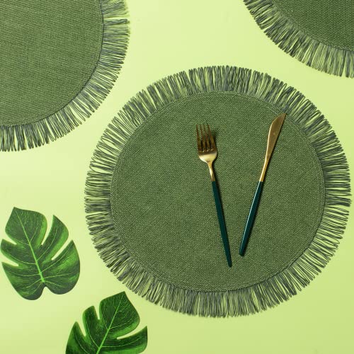 Funwheat Burlap Round Braided Placemats Set Of 12 For Dining Tables 15 Inch Heat Resistant Jute Table Mats Farmhouse Woven Fabric Natural Place Mats For Christmas Decoration With Tassel(Garden Green) #TOP4
