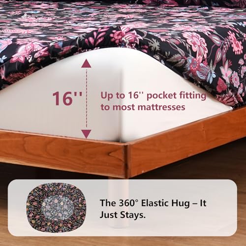Image of Bedlifes Floral Pattern Bed Sheet Set Queen Size, 16 inch Deep Pocket 4PCS | Ultra Soft Microfiber, Breathable & Silky, OEKO-TEX Certified, Easy-Care Machine Washable, 4PCS, All-Season Spring Bedding