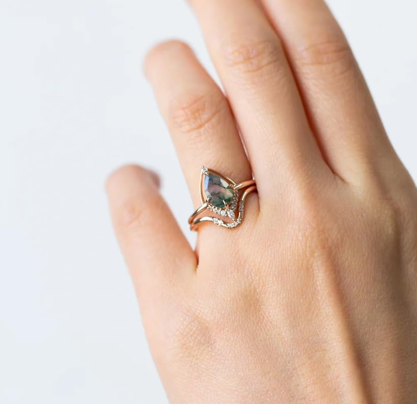 Moss Agate Ring for Women 925 Sterling Silver 14K Gold Plated Natural Green Gemstone Engagement/Wedding/Promise Adjustable Ring Dainty Stackable Jewelry Gift for Her2
