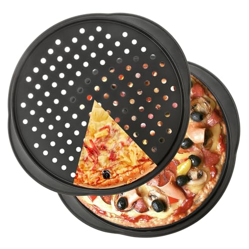 JMIATRY 2 Pack 14 inch Pizza Trays for Oven Non Stick, Non-Stick Pizza Pan with Handles, Carbon Steel Pizza Oven Trays, Black
