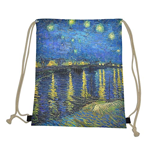 KIDVOVOU Print Drawstring Backpack String Bag Lightweight Gym Sackpack for Men Women Sport Hiking Yoga Gym Swim Travel Beach,Starry Night Over the Rhone4
