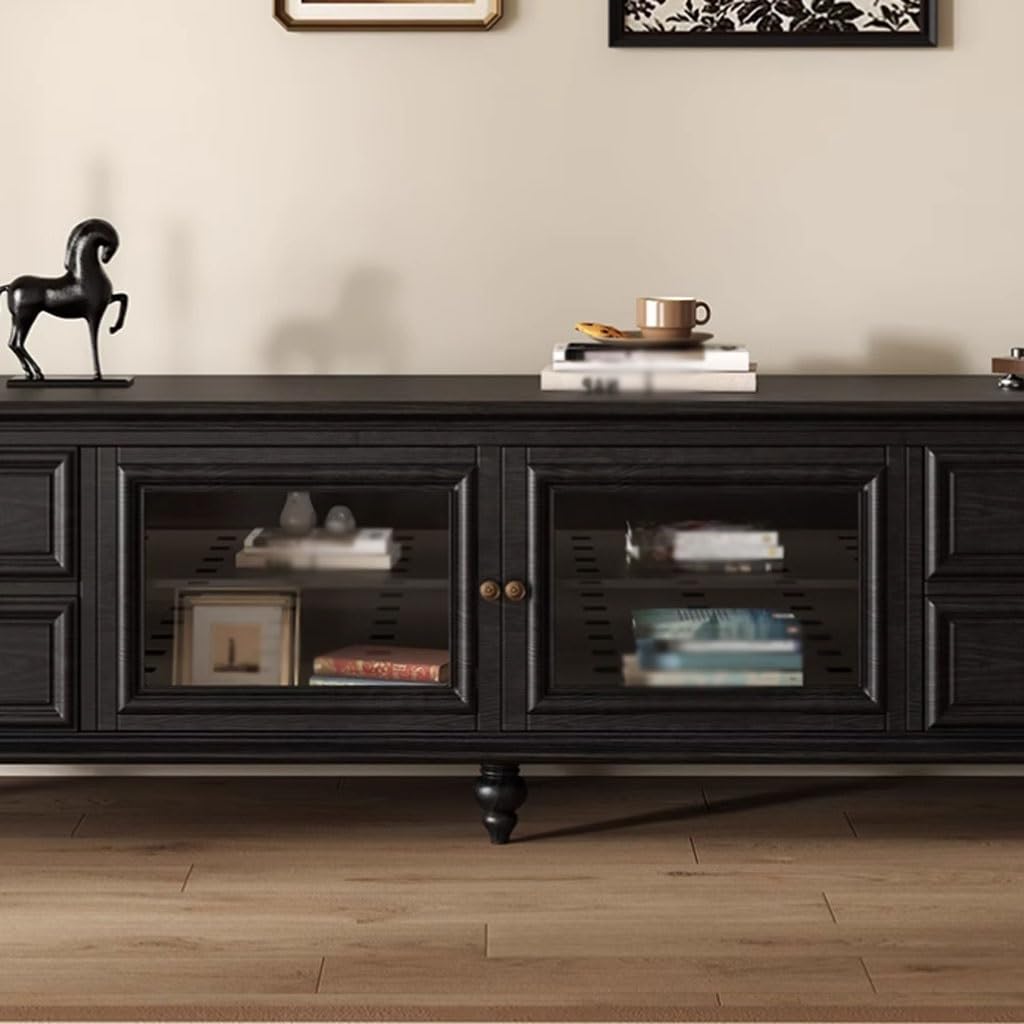 TV-Konsole, Entertainment-Center Amerikanischer Retro-High-End-TV-Schrank aus schwarzem Massivholz, Schlafzimmer, Wohnzimmer, Zuhause, Heller, luxuriöser, hochwertiger Stand-TV-Schrank