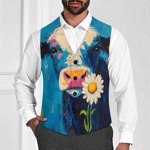 Funny Daisy Cow Painting Suit Vest for Men Slim Fit Sleeveless Jacket V Neck Business Waistcoat Button Up Dressy Top4