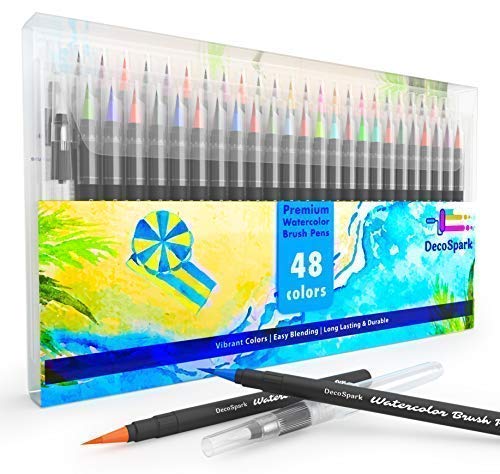 DecoSpark Watercolor Brush Pens Set | 48 colors | Best Real Soft Brush Markers for Adult and Kids Coloring Books, Drawing, Calligraphy, Writing, Highlighters | Ultra Bright Paint, Non-Toxic,Washable
