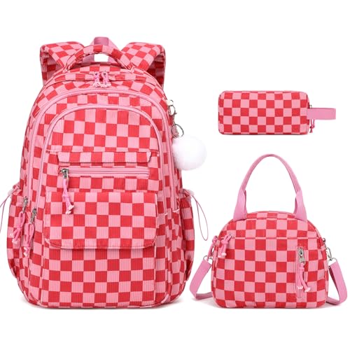 Bevalsa Backpack for Girls, 3PCS Corduroy Kids Backpack Set with Lunch Box & Pencil Pouch, Bookbag Daypack Laptop Bag for Women Teens Elementary Middle High School