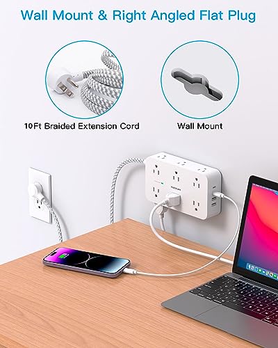 Image of 10ft Extension Cord, Surge Protector with 12 Outlets, 4 USB Ports (2USB C), Large Computer Power Strip with Long Cord, Flat Plug, Wall Mount for