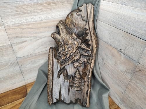Peinture Loup en Bois forêt chasse hunter cadeau décoration murale 50cm
