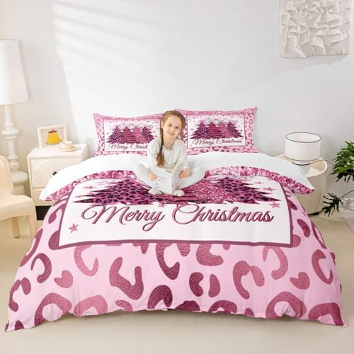 Merry Christmas Kids Duvet Cover Set Twin Size,Snowflake Christmas Trees Starry Sky Bedding Set,Girls Boys Adults Xmas Decor,Glitter Leopard Comforter Cover,Pink Romantic Quilt Cover,1 Pillowcase