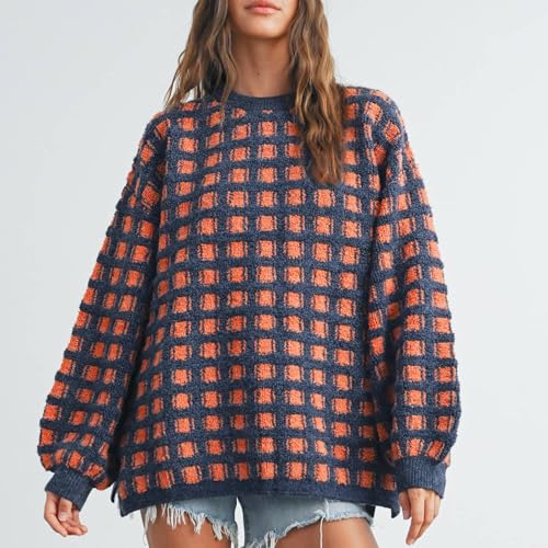 Checkered Sweaters for Women Long Sleeve Crew Neck Knit Sweater Top Plaid Pullover Fall Vintage Gingham Knitwear4