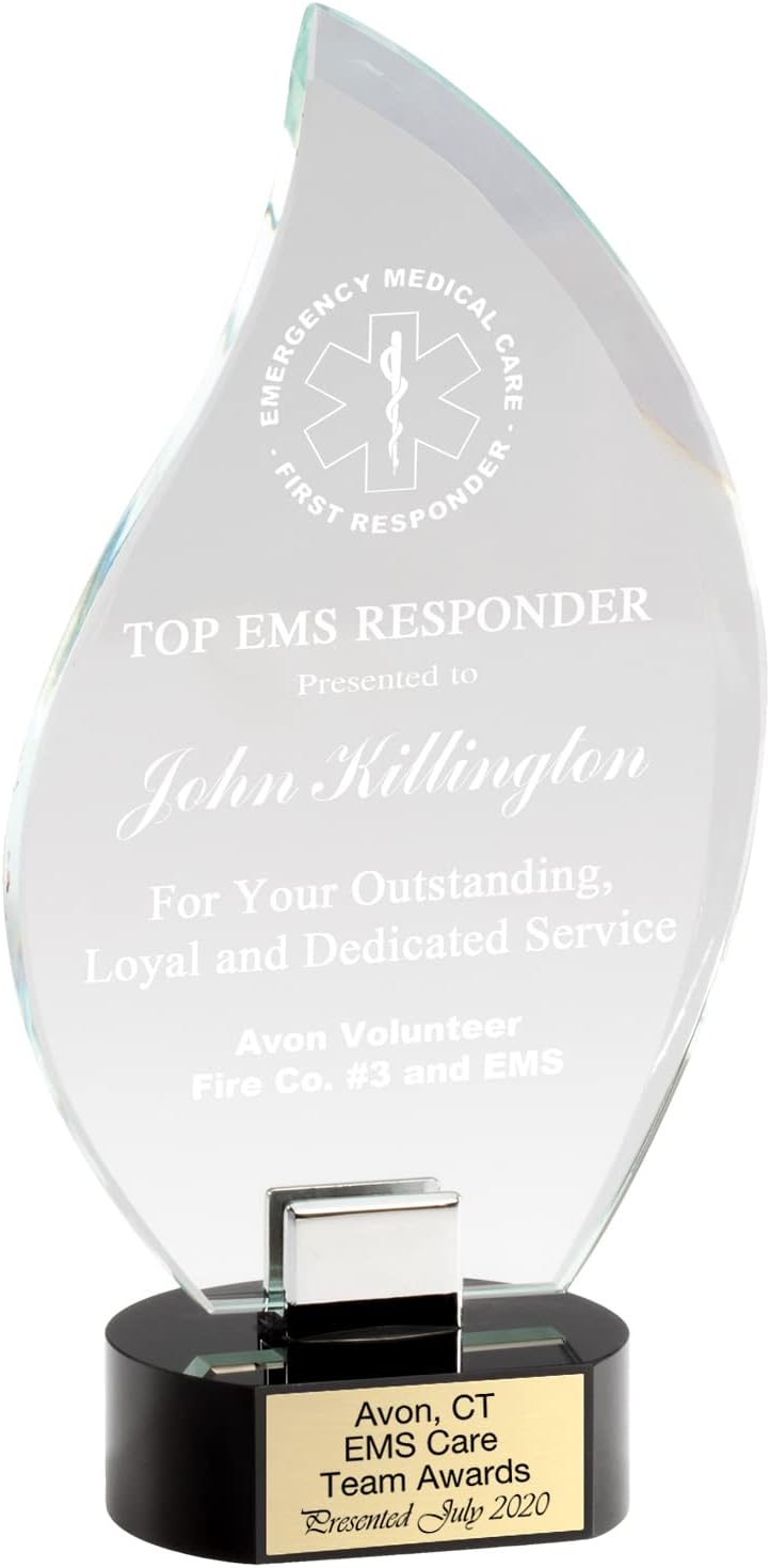 SHOP AWARDS AND GIFTS Optical Crystal Flame Award on Black Crystal Base, Multiple Sizes, Can Be Personalized