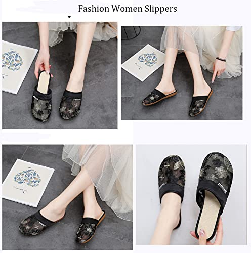 Women Embroidered Slippers Closed Toe Indoor Slipper Ladies Vintage Floral Sandals Mesh Flat Shoes Portable Non-slip Slides3
