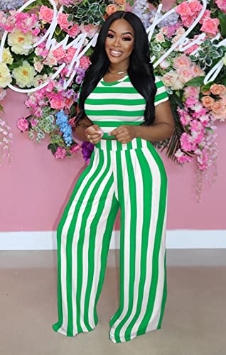 Fooullaide Summer Two Piece Outfit For Women Sexy Short Sleeve Crop Tops Sweatsuit High Waist Wide Leg Pant Set Jumpsuit #TOP1