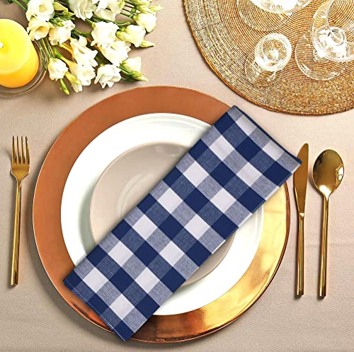 [20X20] Cloth Napkins Set Of 12 Cotton, Dinner Napkins Cloth Washable, Buffalo Plaid Checks Premium Over Sized Blue/White Cloth Napkins With Mitered Corners, Ultra Soft, Durable Hotel Quality #TOP4