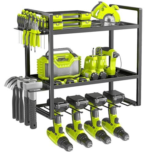 BILIONE 3 Layer Power Tool Storage, Heavy Duty Tool Organisers, Wall Mounted Tool Rack for Garage, Home, Workshop