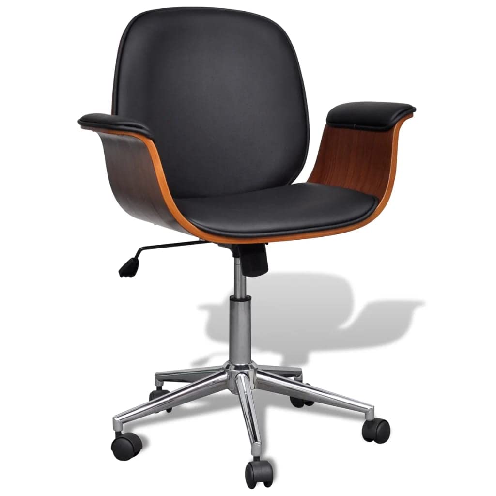 Reposabrazos giratorio de madera curvada y piel sintética, altura regulable con respaldo ergonómico, ruedas, mecanismo basculante para oficina, oficina en casa, estudio, cómoda silla de
