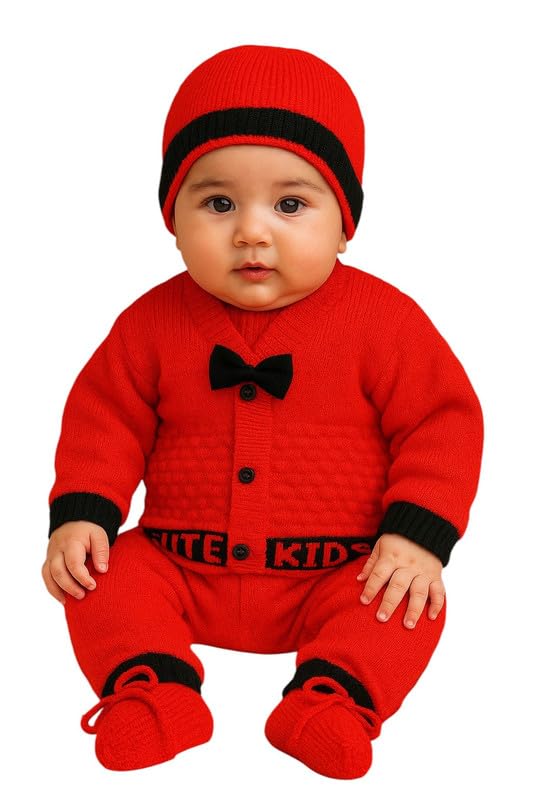 Image of Baby Unisex New Born Baby Boys Girls Soft Comfortable Trendy Woolen Round Neck Stripe Sweater Set with Payjami, Cap and Pair of Booties for Toddlers