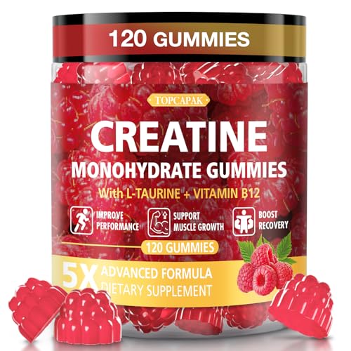 Image of Creatine Gummies for Men & Women - Chewable Creatine Gummy with Taurine & Vitamin B12, 5g Creatine Monohydrate per Serving, 120 Gummies - Raspberry Flavor, Raspberry-Shaped