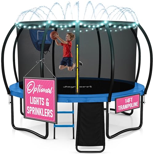 Image of JoyBerri Upsurge Trampoline Outdoor - ASTM Certified Safe 8Ft 10Ft 12Ft 14Ft 15Ft 16Ft Recreational Trampoline for Kids and Adults. Anti-Rust Coating with Enclosure Net, Ladder, Sprinkler & LED Lights