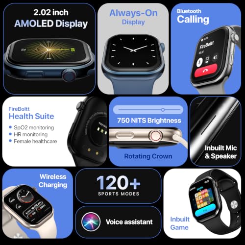 Image of Fire-Boltt Brillia Smart Watch 2.02 inch Super AMOLED Display, Bluetooth Calling, SpO2, Heart Rate Monitor, 120+ Sports Modes, Fitness Tracker, Voice Assistant, Smart Watch for Man & Women