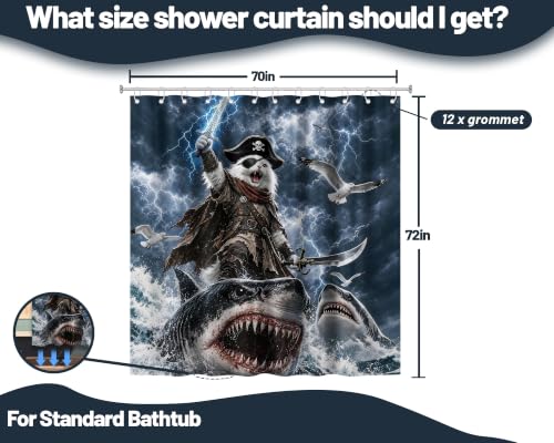 Image of Funny Cat Riding Shark Shower Curtain for Bathroom, 70x72in, Kids