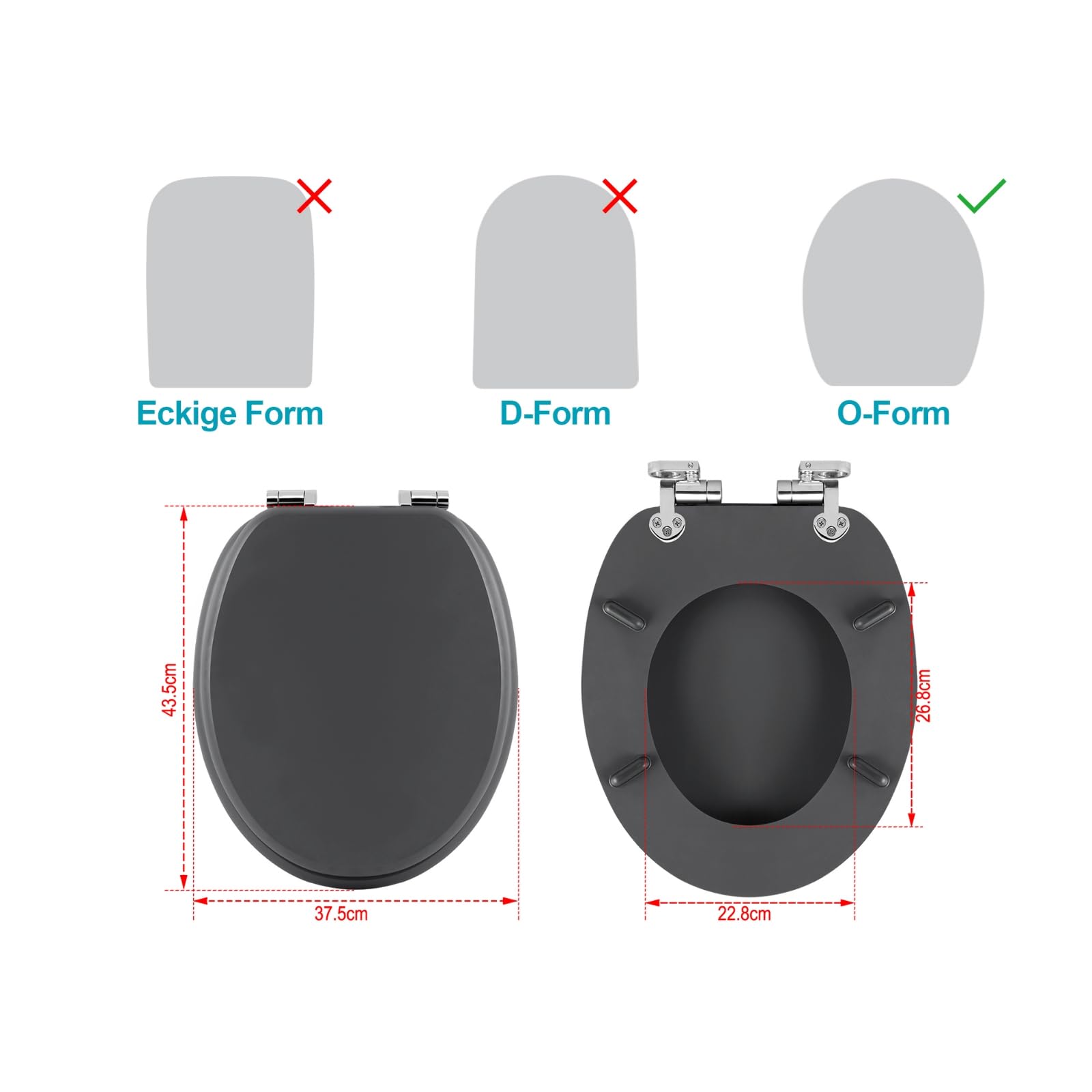 eSituro Tapa WC Universal en Forma O, Asiento de Inodoro con Bisagra de Cierre Suave, Tapa Inodoro de Montaje y Liberación Rápida, MDF, Distancia entre Agujeros de Montaje