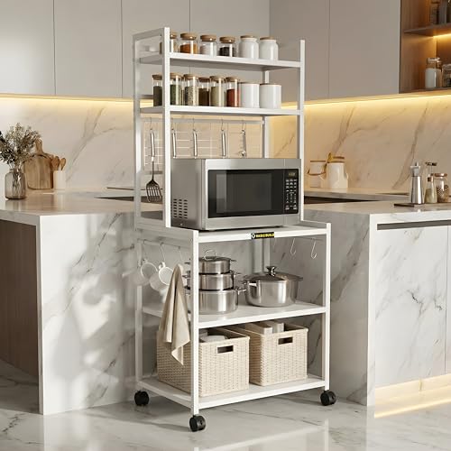 Image of Heavy-Duty 5-Tier Microwave Oven Stand with Wheels | Metal Kitchen Appliance Rack with Hooks & Storage Shelves | Air Fryer, OTG, Oven Organizer Trolley (MS 5 White)