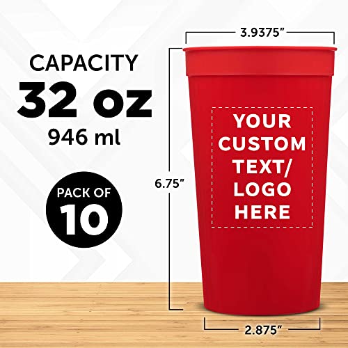 Custom Plastic Stadium Cups 32 oz. Set of 10, Personalized Bulk Pack - Perfect for Summer, Sporting Events, Birthdays, Picnic, Beach, Parties - Red