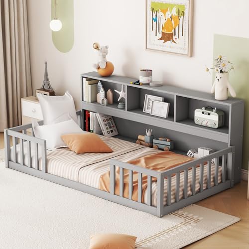 Image of Bellemave Kids Montessori Floor Bed,Twin Size Floor Bed with Bookcase and Shelves,Twin Bed Frame with Guardrails for Kids,Girls,Boys,Twin,Gray