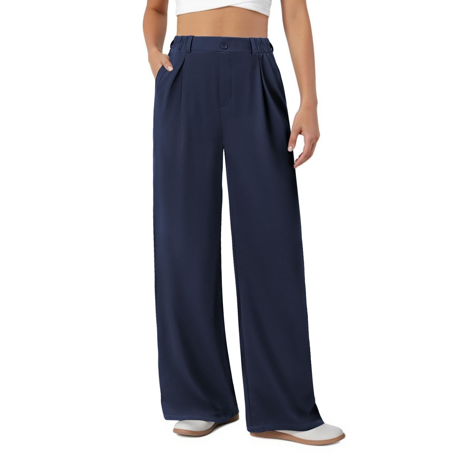 High Waisted Dress Pants for Women Stretch Wide Leg Work Pants with Pockets Fall Flowy Pull On Casual
