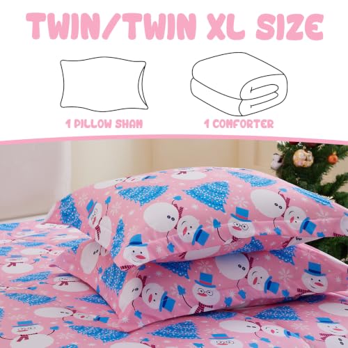 Image of Yibeizi Pink Christmas Comforter Set Twin Kids Cute Snowman Xmas Bedding