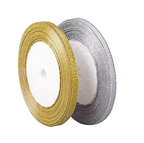 2 Rolls 25 Yard 0.24inch/0.6cm Wide Glitter Metallic Sparkle Ribbon Crafters Wedding Holiday Ribbon Home Decoration Ribbon Gift Wrap Card Making Hair Bows Floral Projects (Gold &Silver)