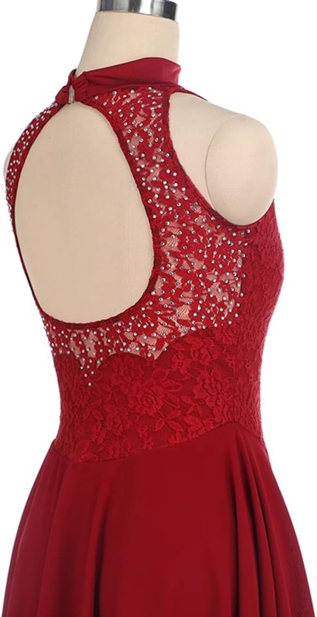 Women's Adult Figure Ice Skating Dress High Collar Sleeveless Lace Leotard Gymnastic Roller Skating Dance Costume