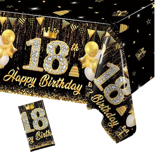 Tovaglia di Compleanno Oro Nero, 200x130cm, Tovaglia Happy 18th Birthday, Auguri di Compleanno 18. Tovaglia, Decorazione 18. Compleanno, Decorazione da Tavolo per Festa di Compleanno per Ragazze e