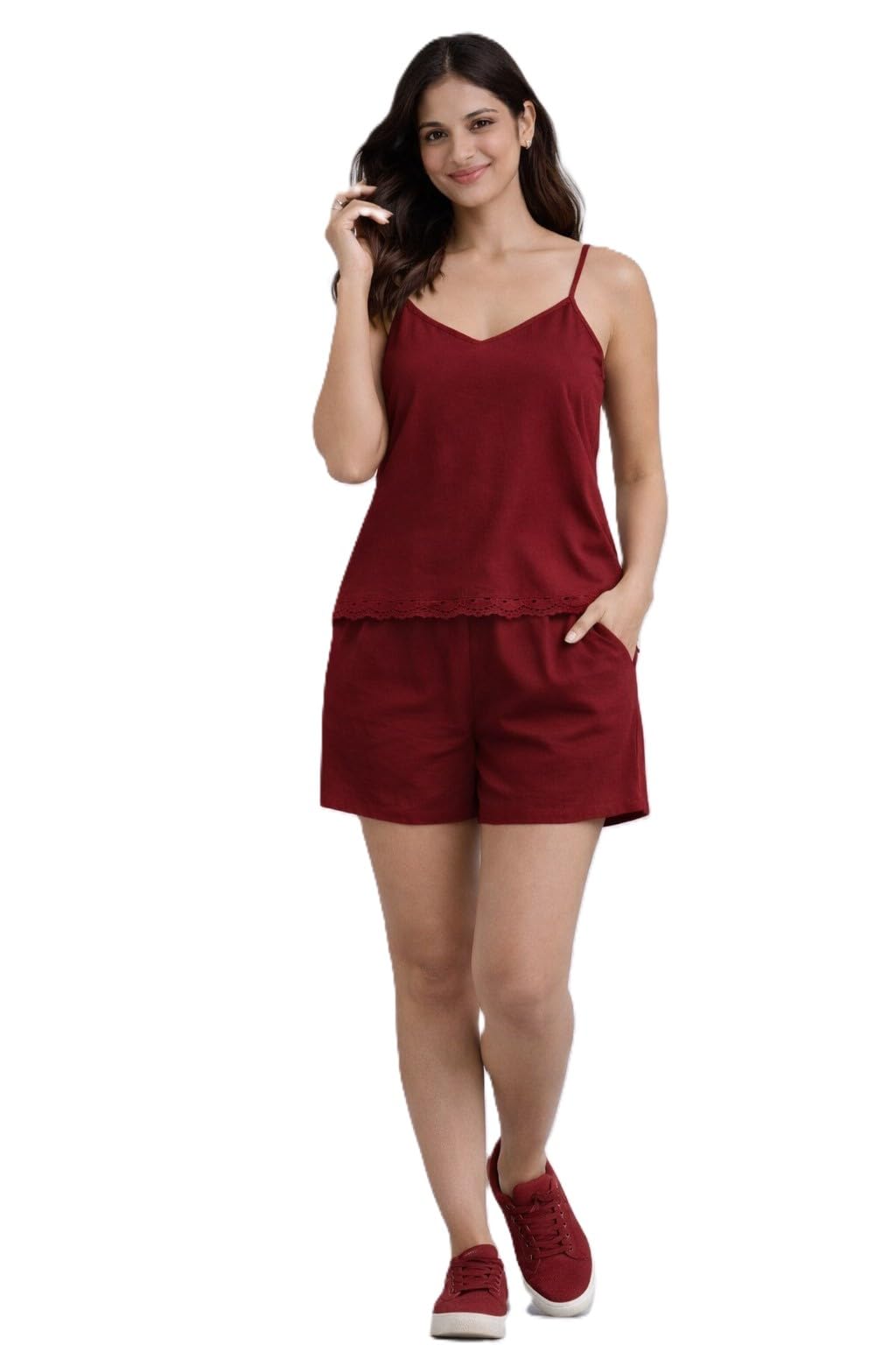 Jenny Maroon Lace-Trim Cami & Shorts Co-ord Set for Women | Premium Cotton Satin Night Suit, Sleepwear, Loungewear, Soft Homewear & Resort Wear | XL-picture-23