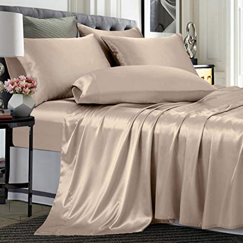 TREELY 6 Piece Satin Sheets Queen Size Silky Smooth Taupe Satin Sheet Set with Deep Pocket, Satin Fitted Sheet, Flat Sheet, 4 Satin Pillowcase