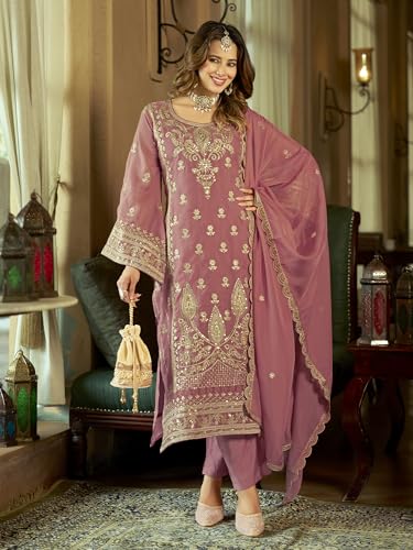 Image of INDO ERA Women's Organza Embroidered Sequinned Kurta & Pant with Dupatta Set | Women Kurta Sets With Dupatta Cotton
