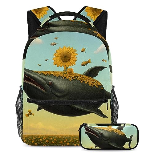 Sac à dos avec trousse Whale Fly anti-rayures, lot de 2 cartables durables pour adolescents