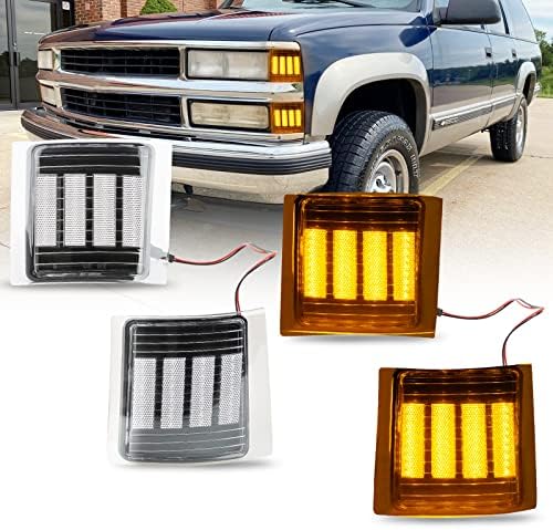 Bestview Side Marker Lights Front Corner Light Assembly Compatible with Chevy Silverado GMC 1500 2500 3500 C/K C10 Suburban Tahoe Pickup Truck, Silver Lens 4pcs