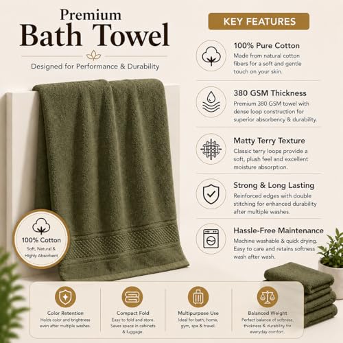 Image of 100% Pure Cotton Bath Towel for Men & Women | 380 GSM Ultra Soft, Highly Absorbent & Quick Dry Bath Towel | Large 55 x 28 Inch Matty Terry Towel for Bathroom, Gym, Travel & Daily Use | Olive Green