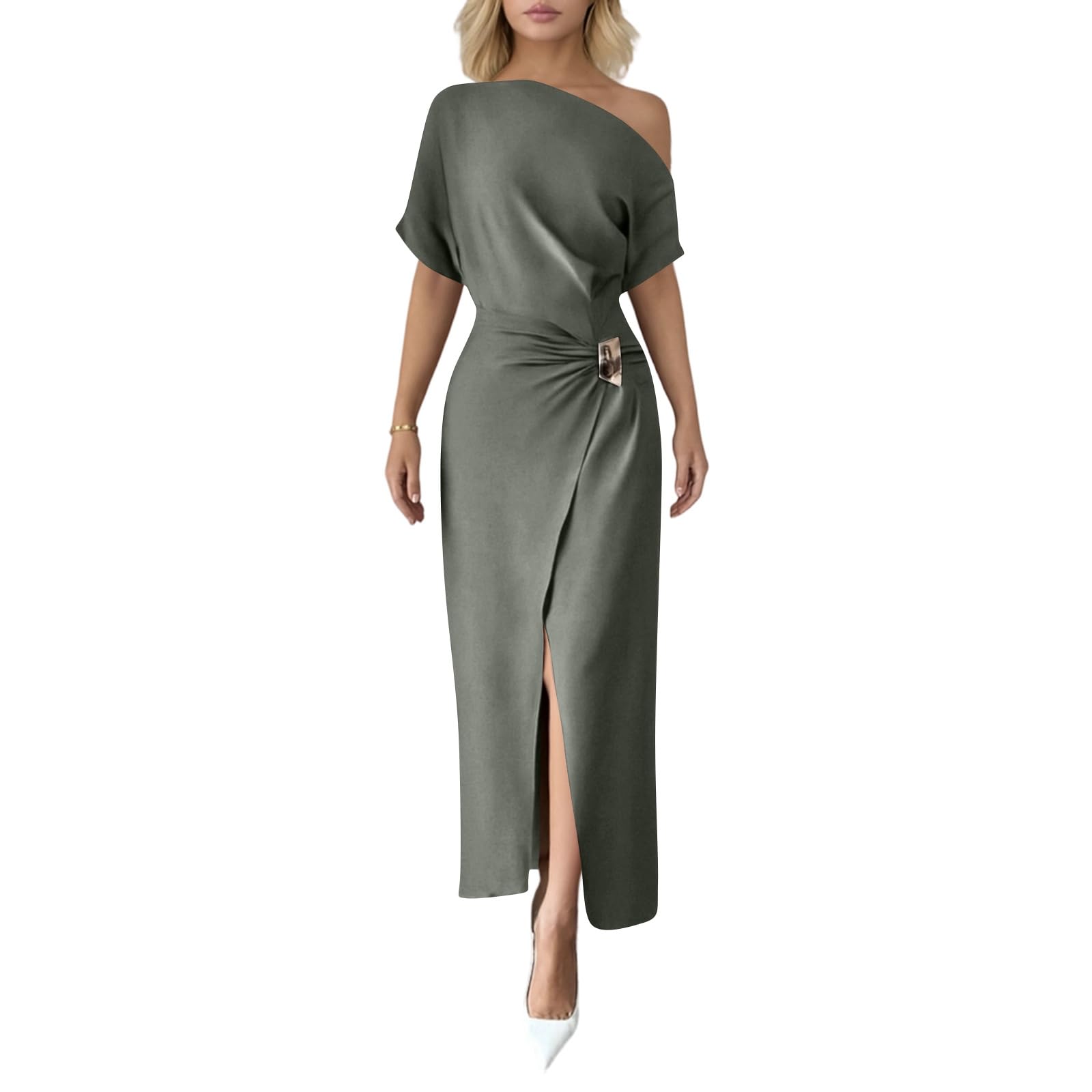 Festliches Kleid Damen Hochzeit Wickelkleid One Shoulder Kleid Schulterfrei Cocktailkleid Hochzeitsgast Damenkleider Elegant Frauen Sommerkleid Kurzarm Abendkleid Lang