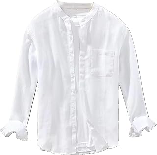 Camisa de algodón y lino para hombre, informal, a juego, holgada, de color liso