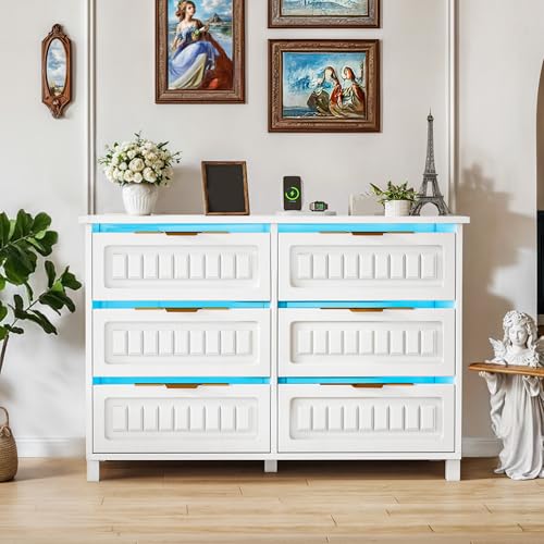 DWVO 6-Drawer Dresser for Room, White Wood Dresser with Charging Station and LED RGB Light, Chest of Drawers Storage Organizer TV Stand for 60'' TV for Room, Living Room, Closet, Entryway