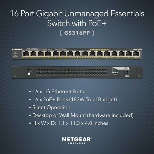 Image of NETGEAR 16 Port PoE+ Gigabit Switch - Unmanaged Essentials Ethernet Switch (183W), Fanless Design for Silent Operation, Desktop or Wall Mount (GS316PP)