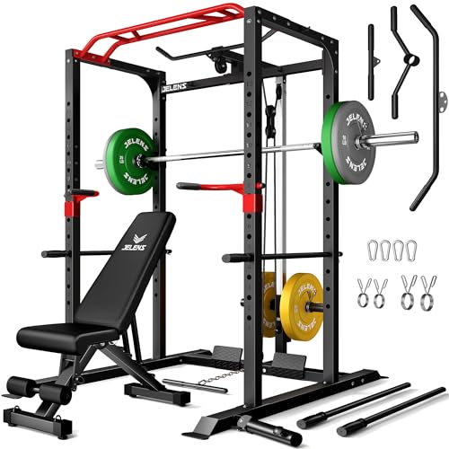 Image of JELENS S11 Power Cage, 2000LB Multi-Function Power Rack with LAT Pulldown, Squat Rack with Adjustable Pulley System and Training Attachments, Weight Rack for Home Gym