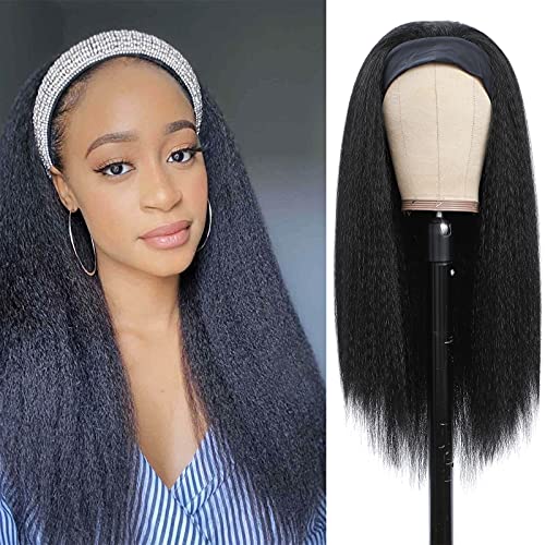Headband Wig Kinky Straight 24 inch Long Black Wig with Headband Natural Color Synthetic