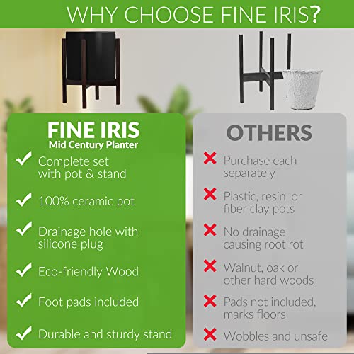 Fineiris 20.5" Tall Plant Pot With Stand, 10 Inch Black Ceramic Pot With Drainage & Wooden Plant Stand, Large Planter With Stand For Flowers, Fiddle Leaf Fig Tree, Snake Plant & Peace Lily #TOP4
