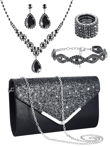 Henoyso 5 Pcs Rhinestone Jewelry Sets Prom Purse Jewelry Rhinestone Clutch Purse Bride Necklace Earrings Bracelets for Women(Black)