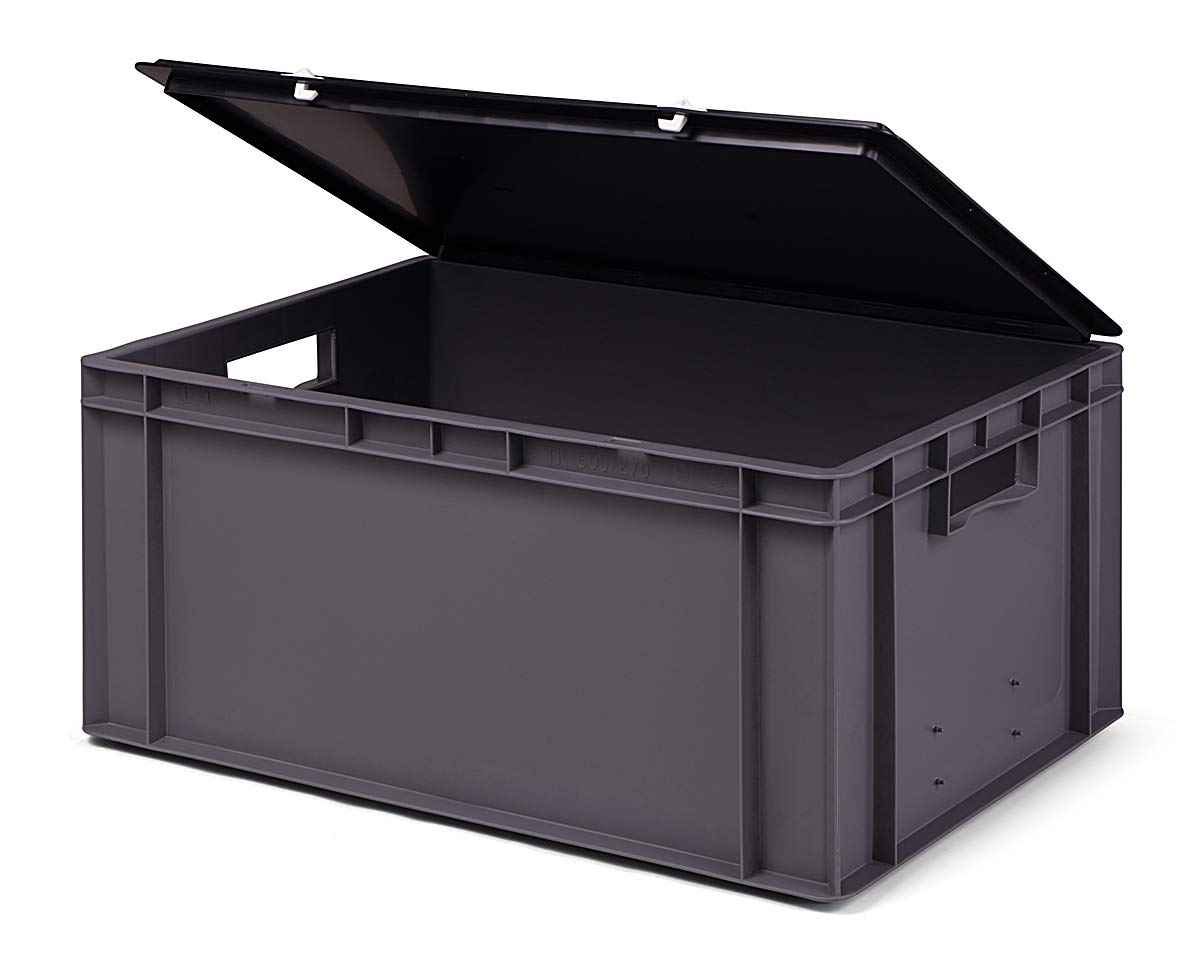 1a-TopStore Stapelboxen Set mit Scharnierdeckel in schwarz, verschiedene Größen & Farben, 600x400 mm, 400x300 mm, 300x200 mm, 200x150 mm, Made in Germany (grau, 600x400x281 mm)