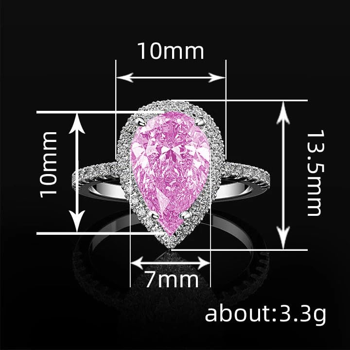 Classic Sparkling 3ct Drop Shaped Teardrop Pink Gemstone Engagement Wedding Halo Ring for Women Cubic Zirconia CZ Promise Pear 925 Sterling Silver Shiny Full Diamond Band Rings for Her (Size 9)3