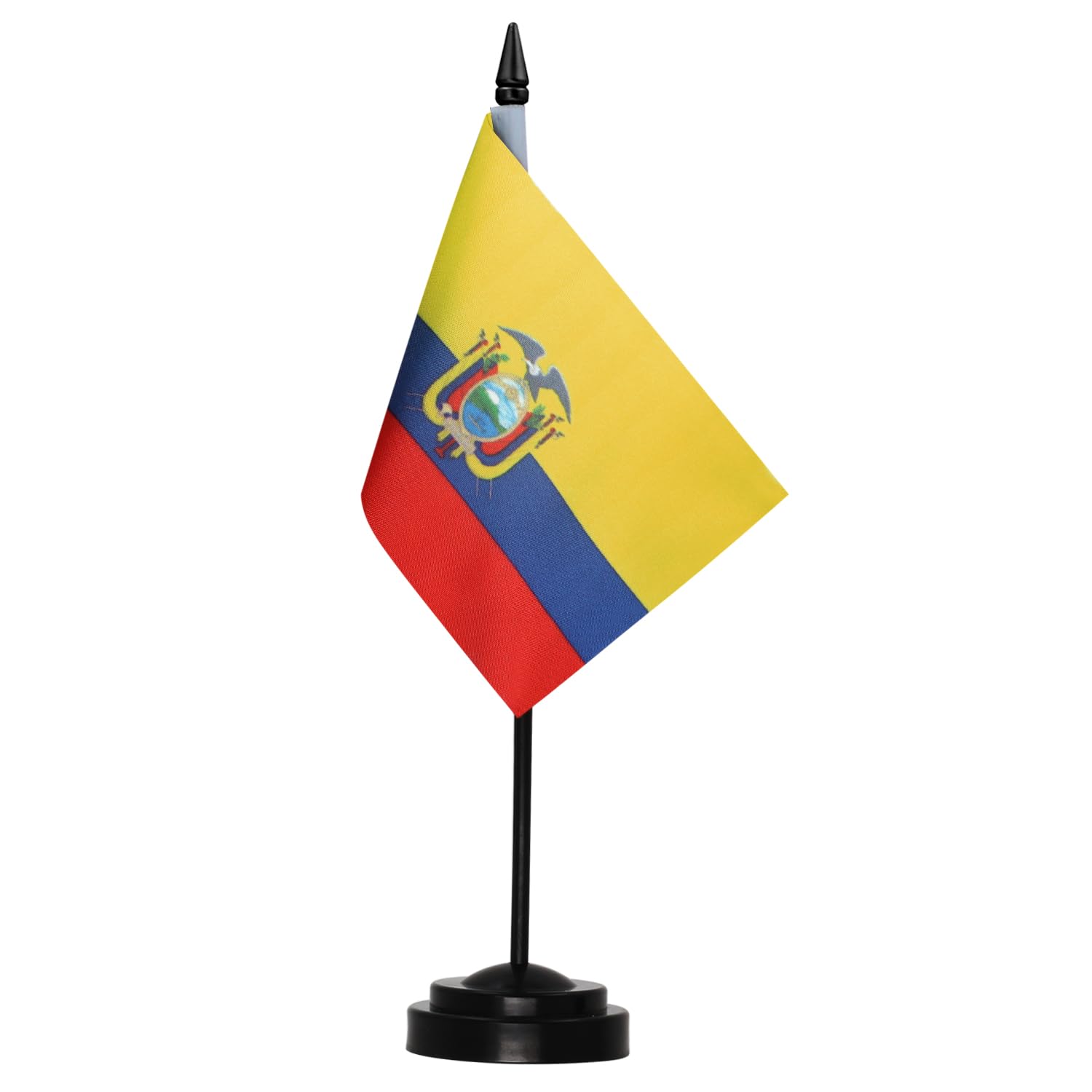 Anley Ecuador Deluxe Desk Flag Set - 6 x 4 Inch Miniature Ecuadorian EC Desktop Flag with 12" Solid Pole - Vivid Color and Fade Resistant - Black Base and Spear Top